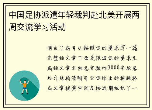 中国足协派遣年轻裁判赴北美开展两周交流学习活动 中国足协派遣年轻裁判赴北美开展两周交流学习活动