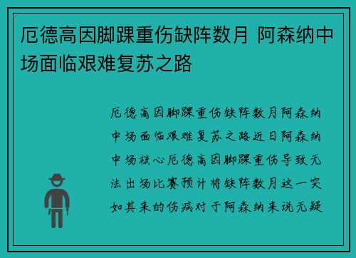 厄德高因脚踝重伤缺阵数月 阿森纳中场面临艰难复苏之路
